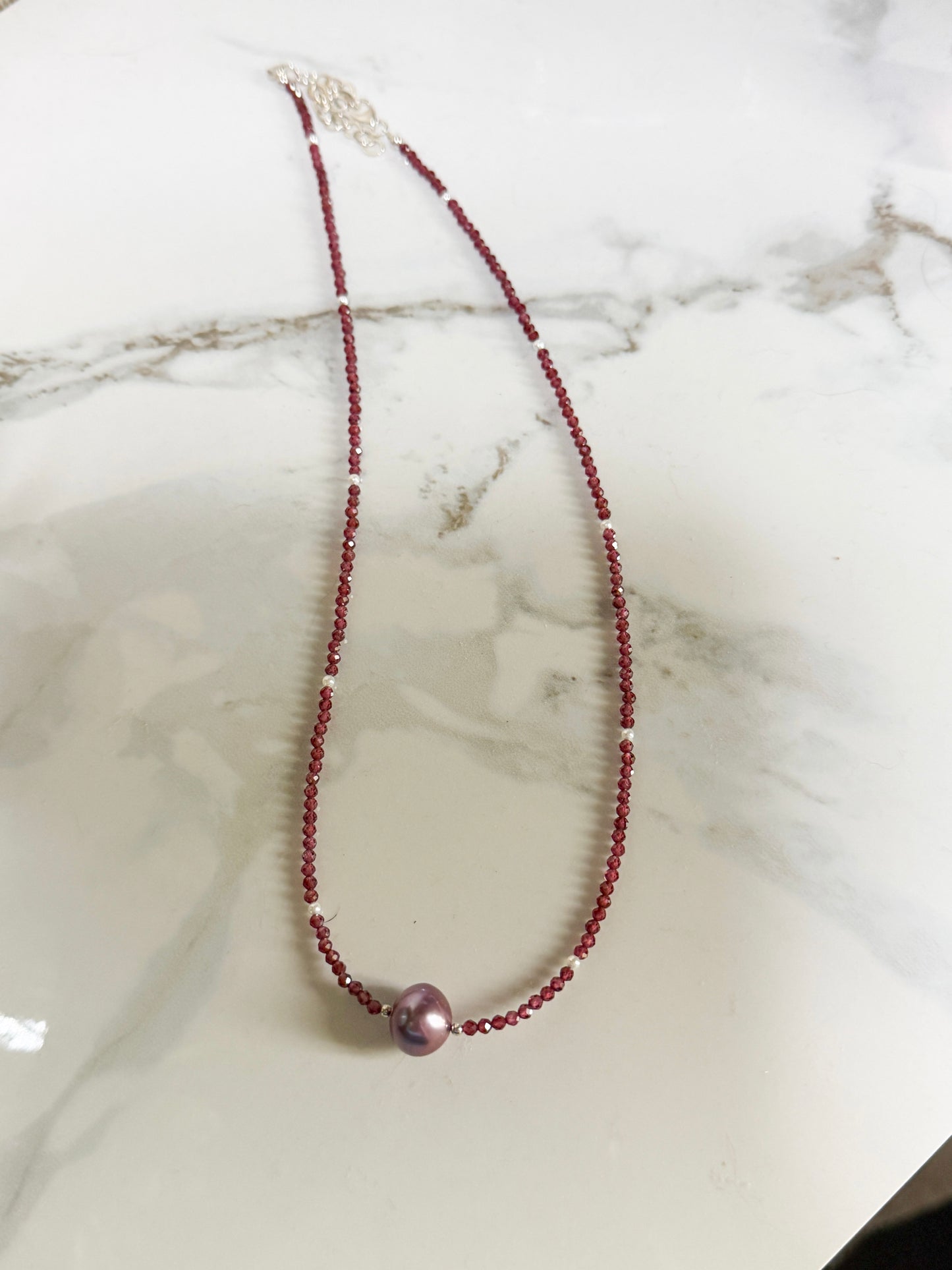 Garnet necklace with large Raspberry Pearl