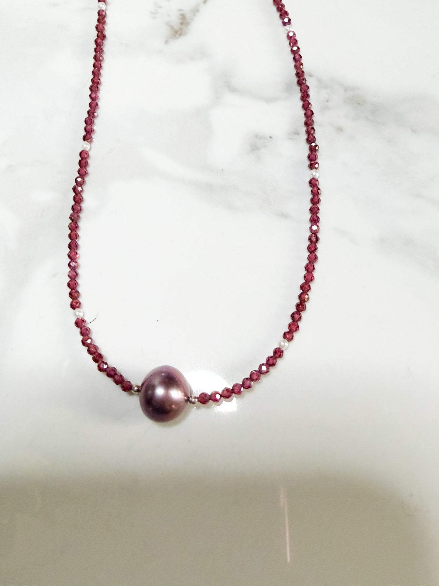 Garnet necklace with large Raspberry Pearl