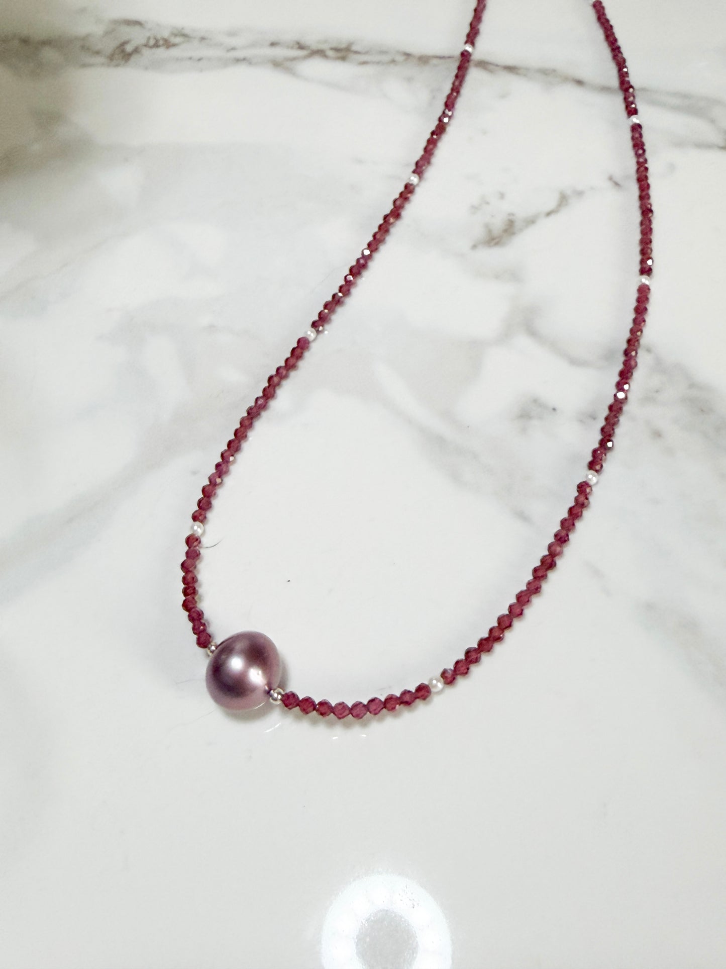Garnet necklace with large Raspberry Pearl