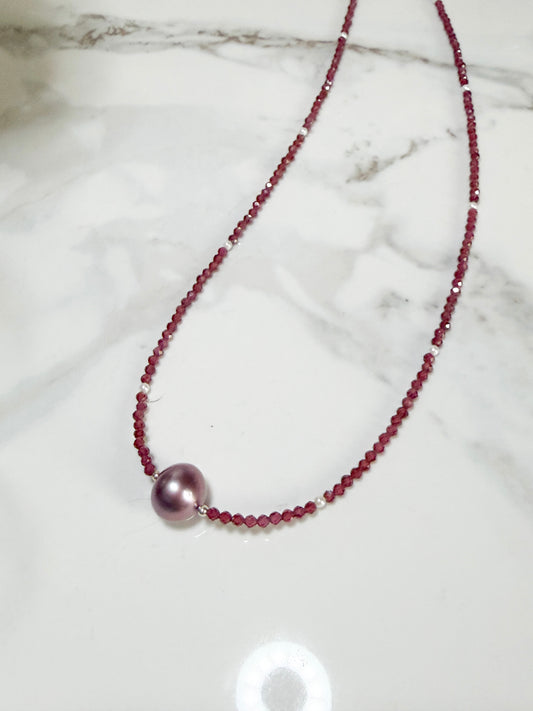 Garnet necklace with large Raspberry Pearl