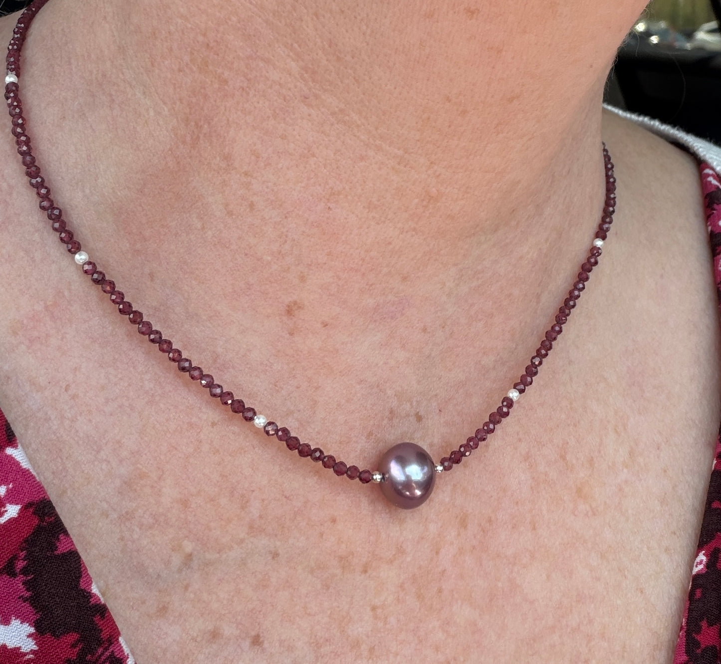 Garnet necklace with large Raspberry Pearl