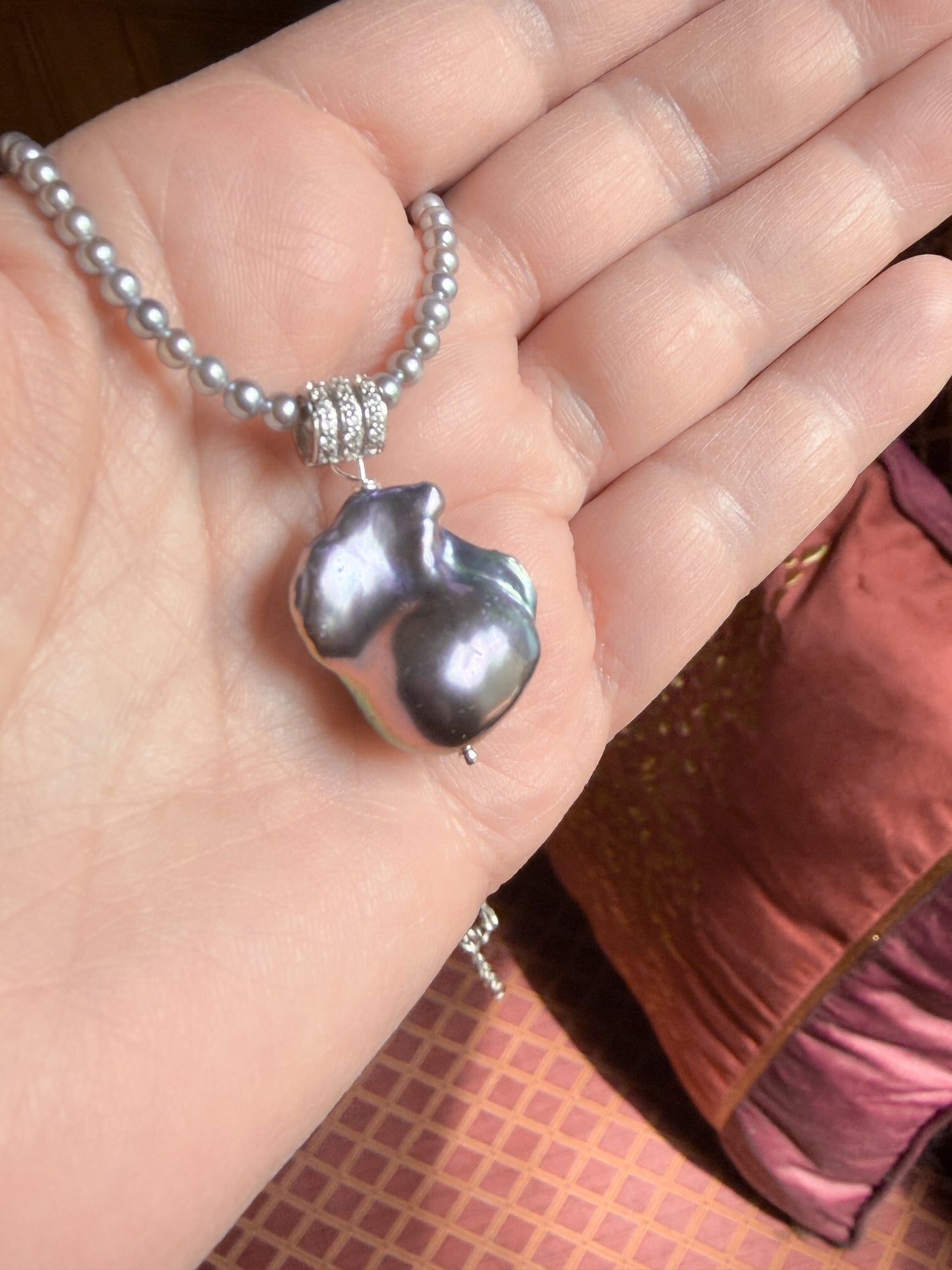 Akoya silver pearl necklace featuring blue pink silver baroque pearl dangle