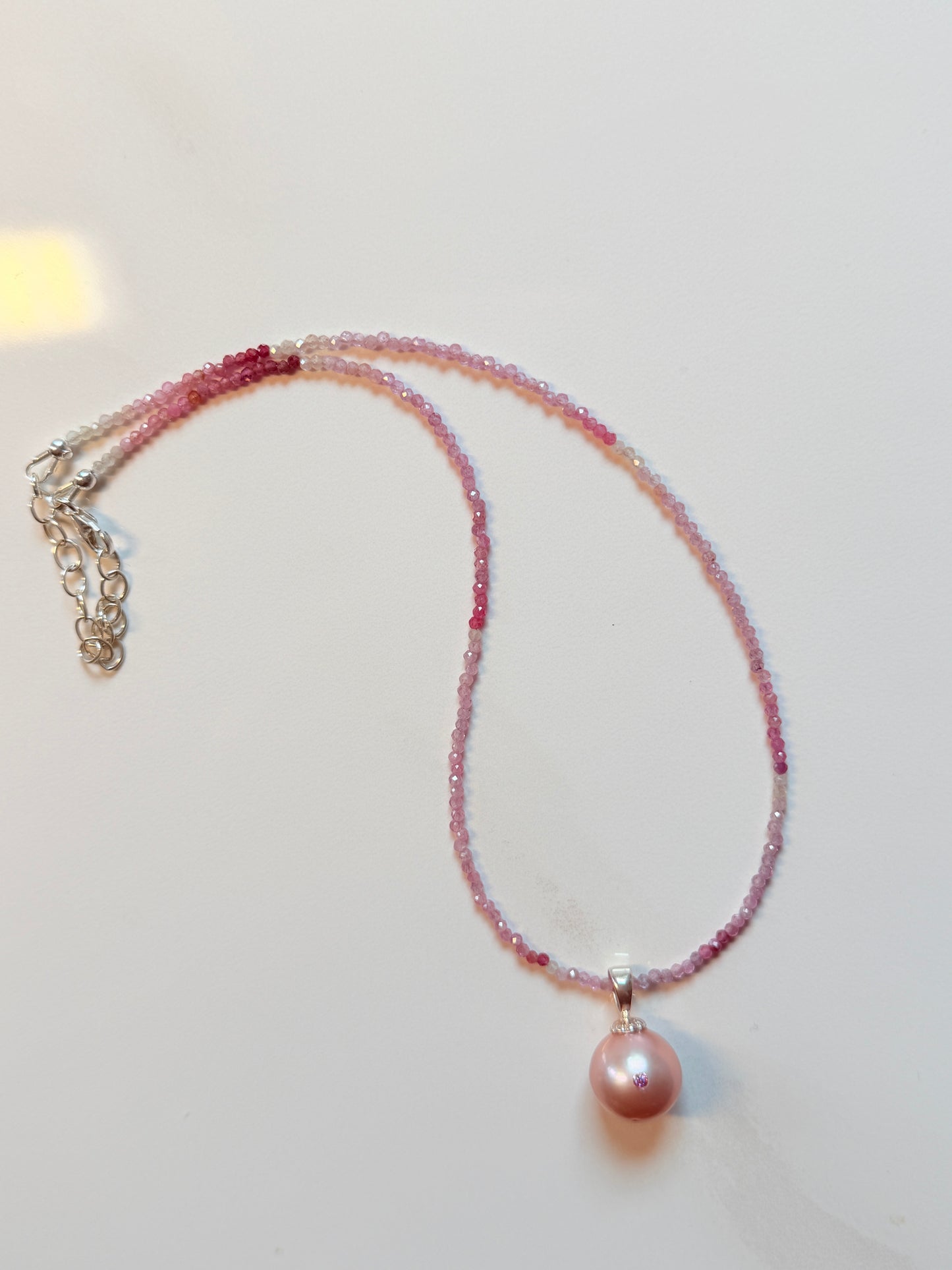 Peach pink Pearl and pink lab diamond pendant