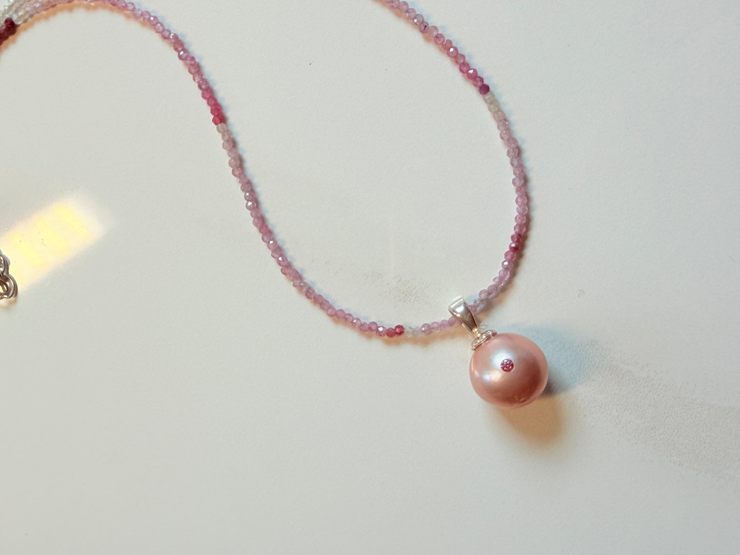 Peach pink Pearl and pink lab diamond pendant