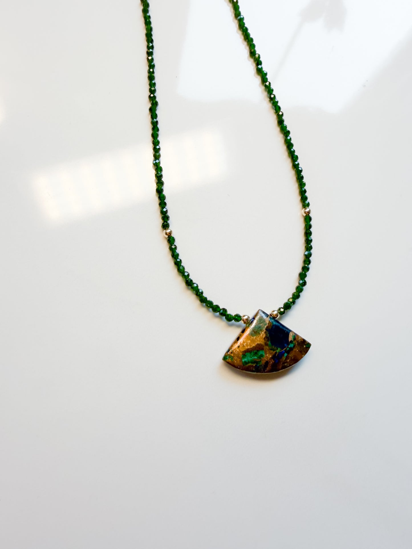 Azurite, Malachite with Copper & Green Goldstone pendant