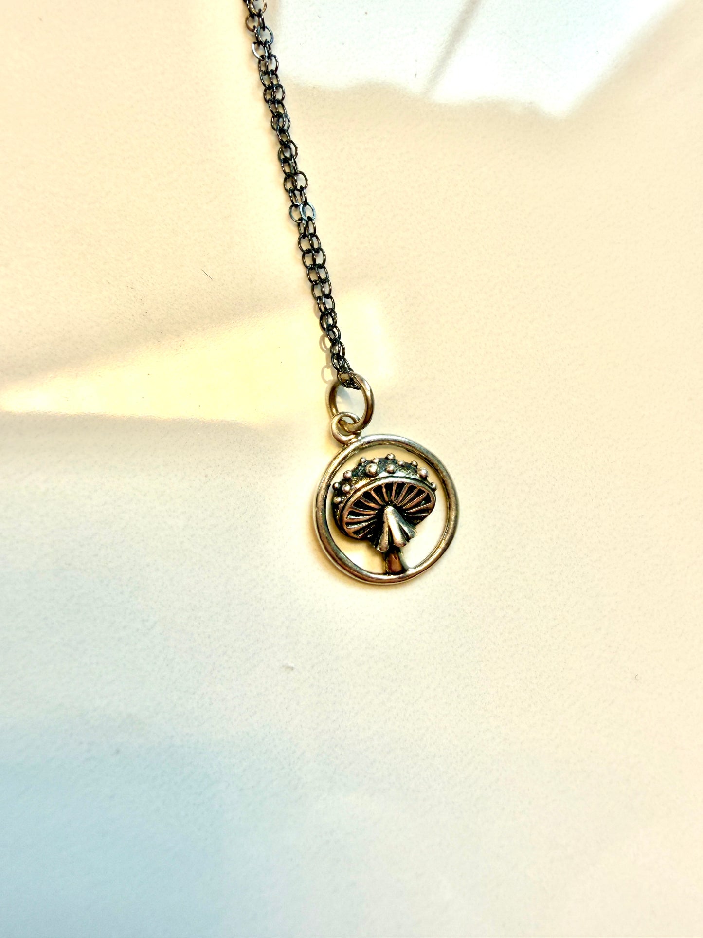Petite oxidized mushroom pendant
