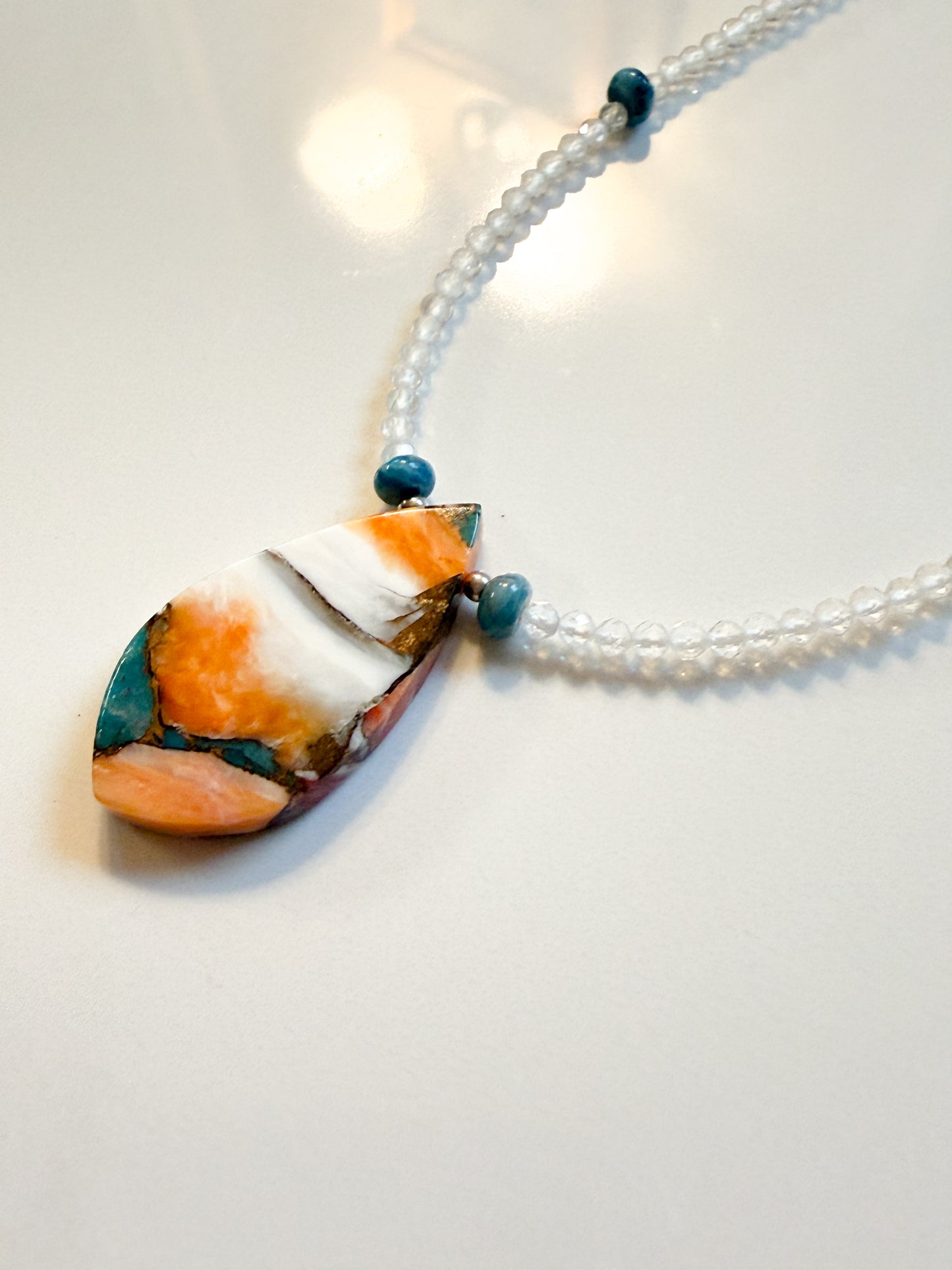 Clear Crystal Quartz, Turquoise, and copper Spinny pendant