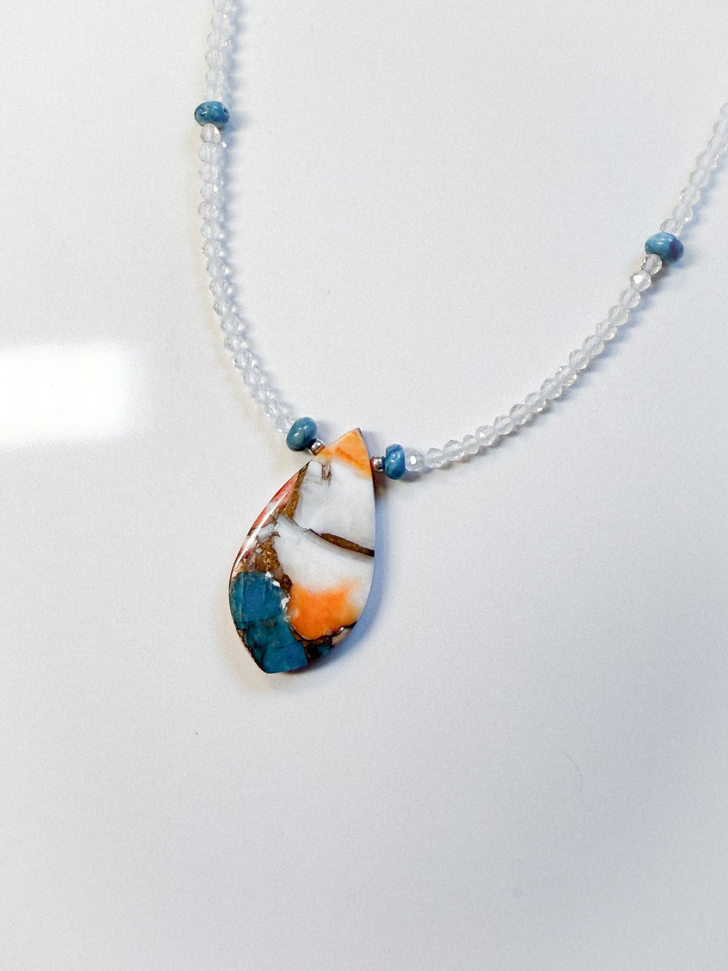 Clear Crystal Quartz, Turquoise, and copper Spinny pendant