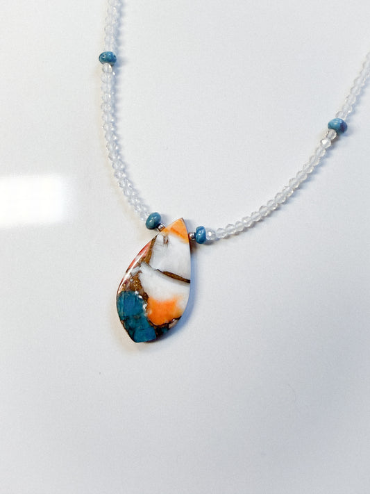 Clear Crystal Quartz, Turquoise, and copper Spinny pendant