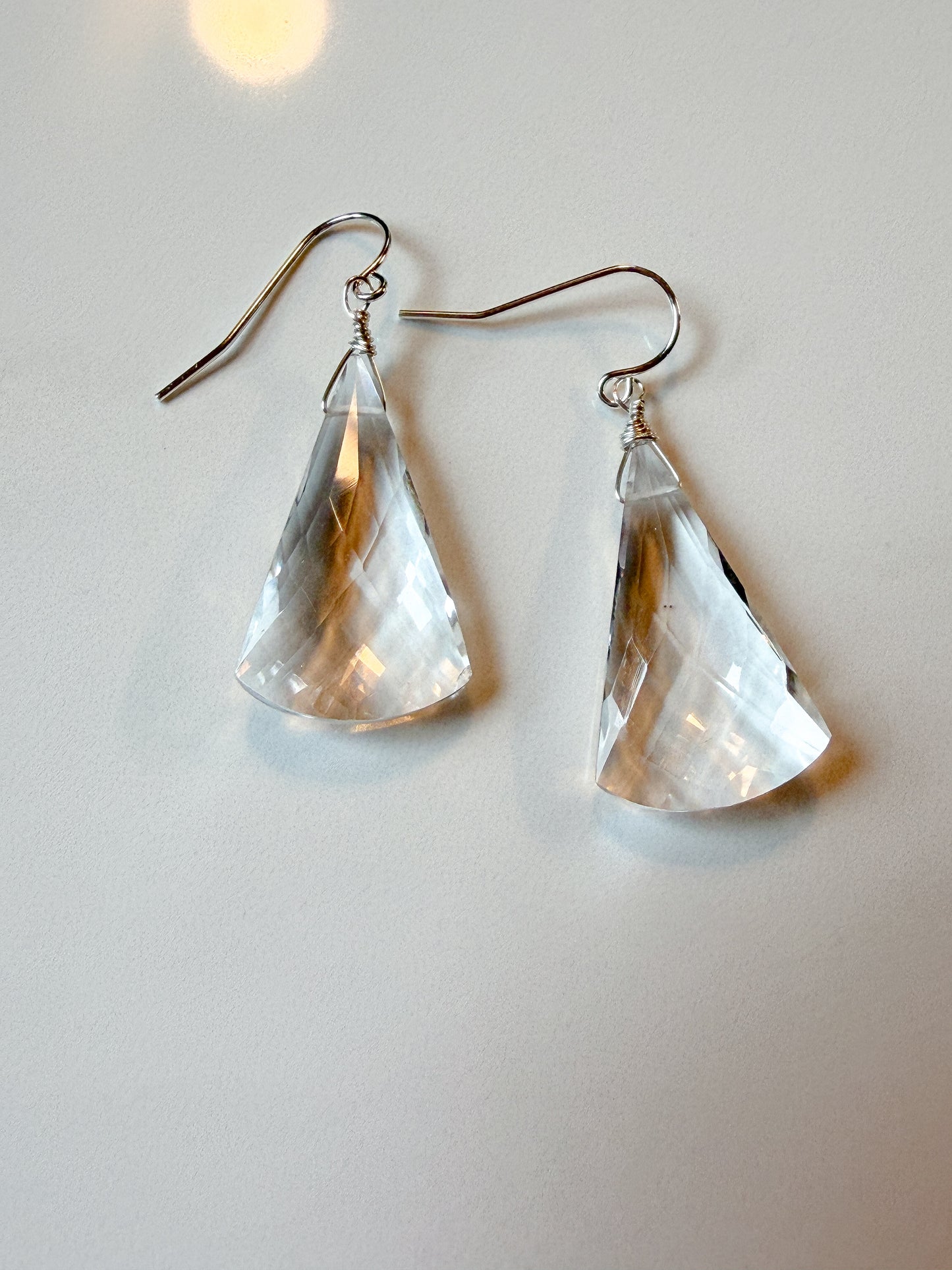 Large fancy cut checkerboard clear, crystal Quartz earrings.