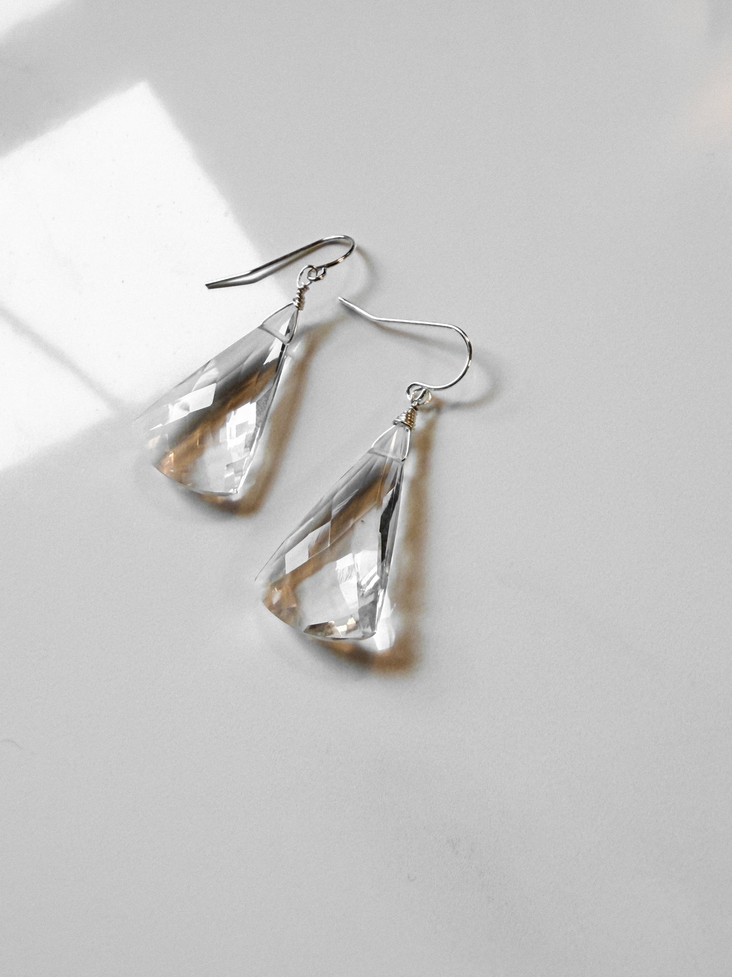 Large fancy cut checkerboard clear, crystal Quartz earrings.