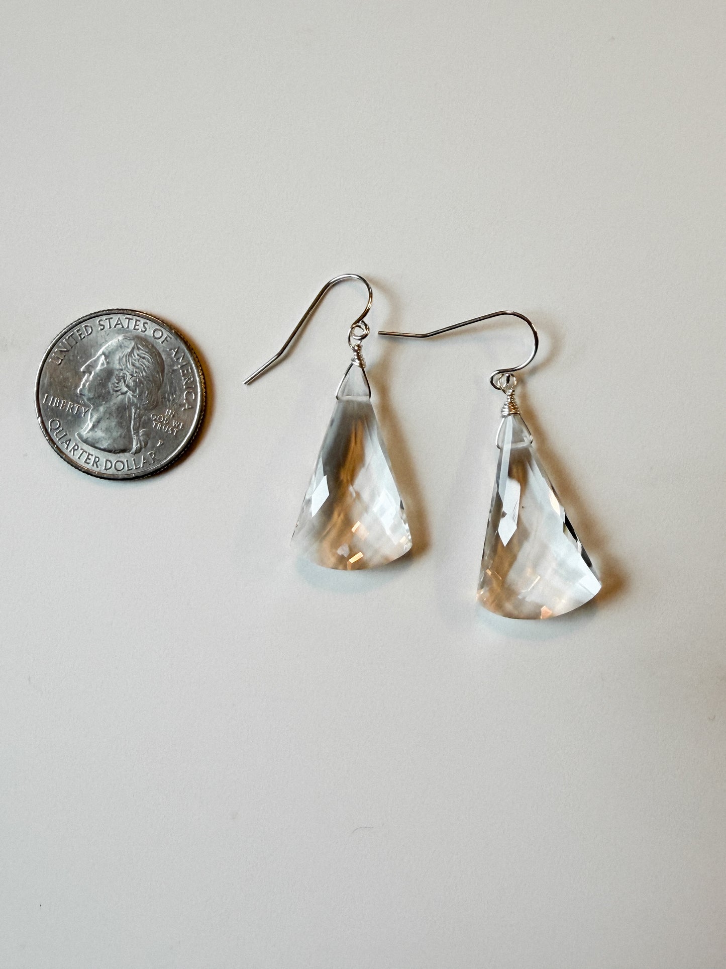 Large fancy cut checkerboard clear, crystal Quartz earrings.