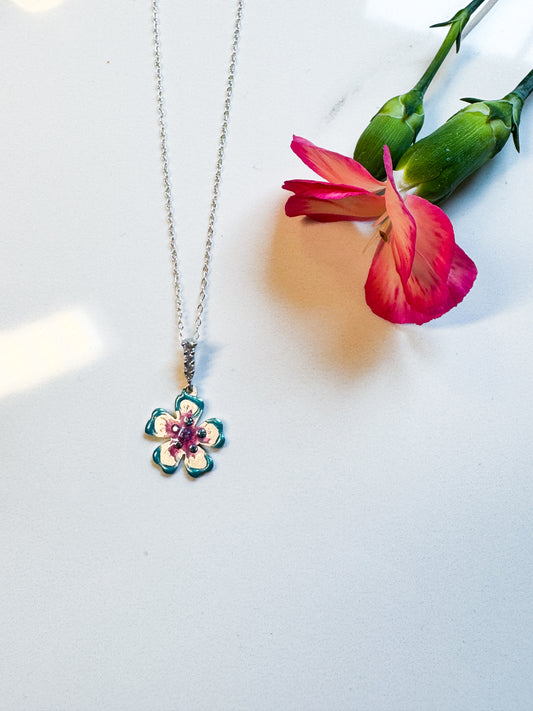 Hand cut pink and blue Moissanite flower pendant