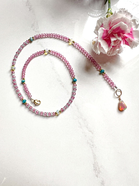 Aquamarine, Pink Topaz, Turquoise, Pink Opal necklace in Gold