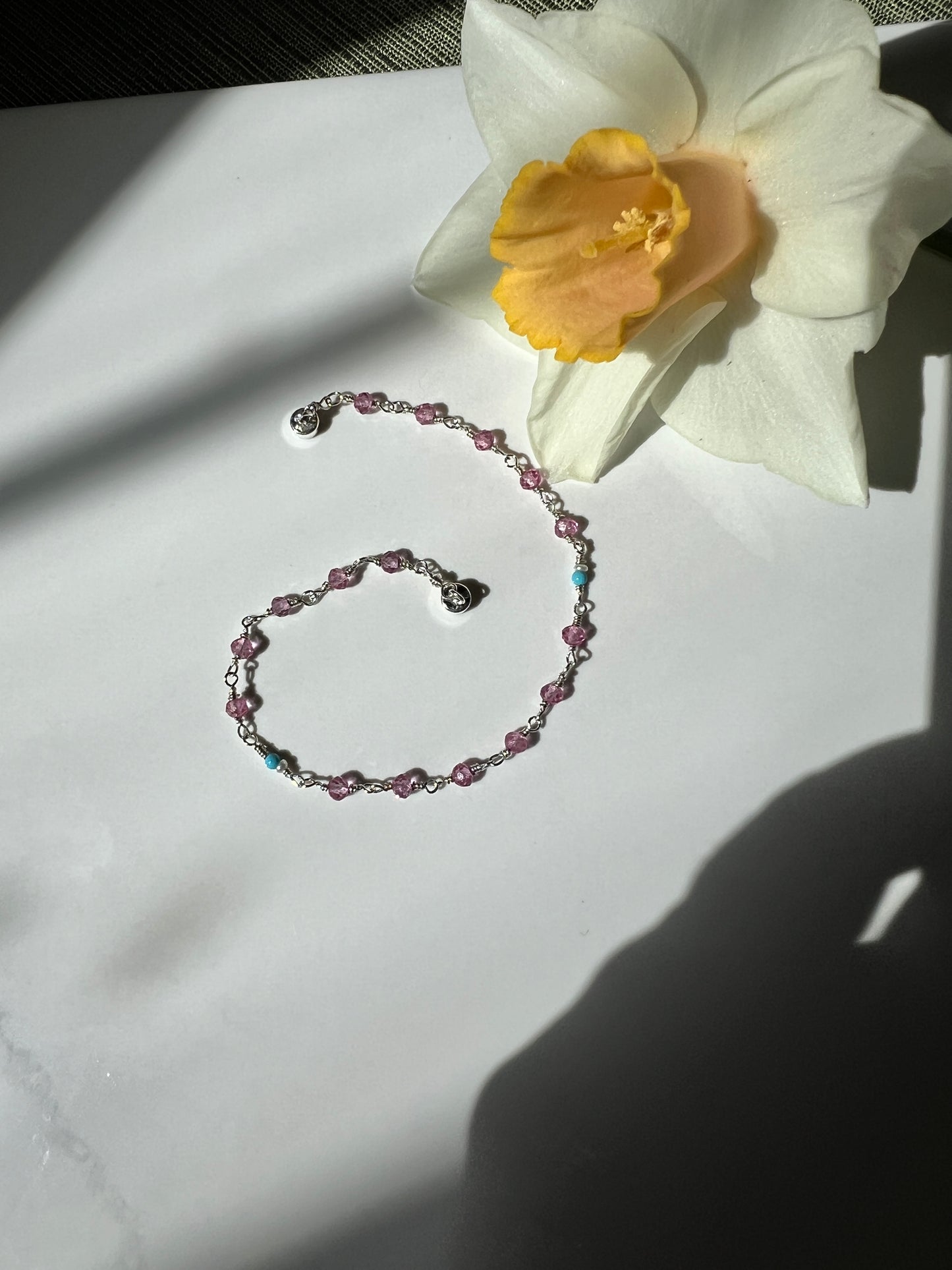 Pink Topaz, Pearl and Sleeping Beauty Turquoise bracelet