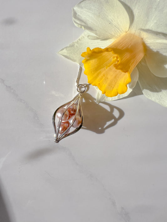 Blush pink Edison Pearl and Sterling cage pendant