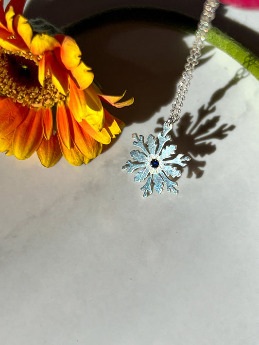 Sapphire Hand-cut Sterling Snowflake pendant