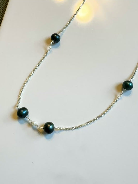 Blue green long pearl necklace in sterling