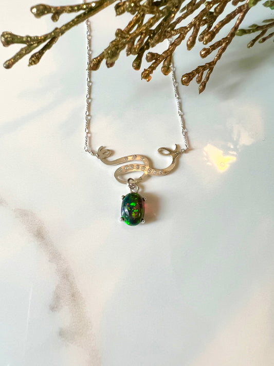 Hand-cut Ribbon, Moissanite & Black Opal necklace