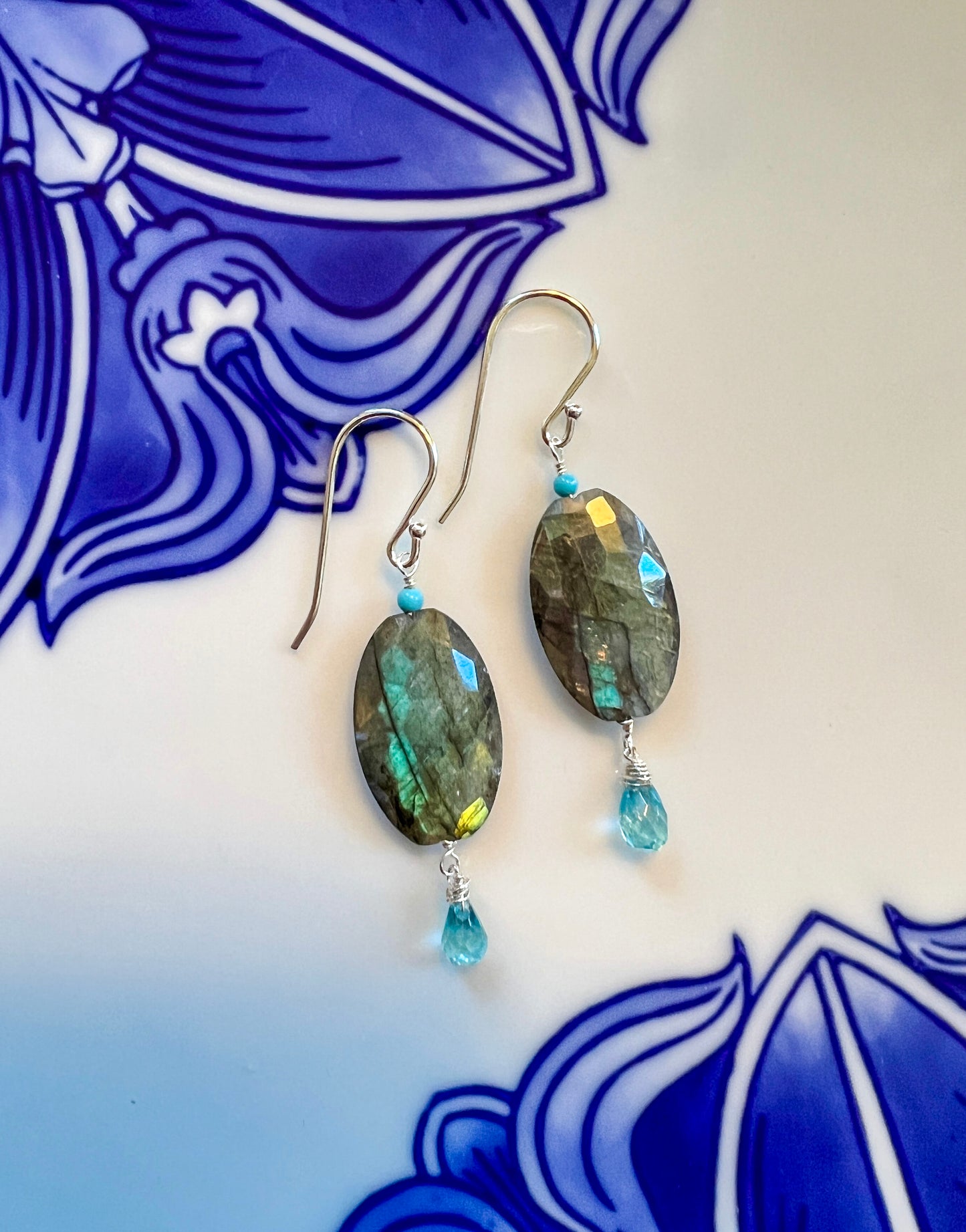 Fancy cut checkerboard Labradorite, Sleeping beauty Turquoise and Apatite Sterling earrings