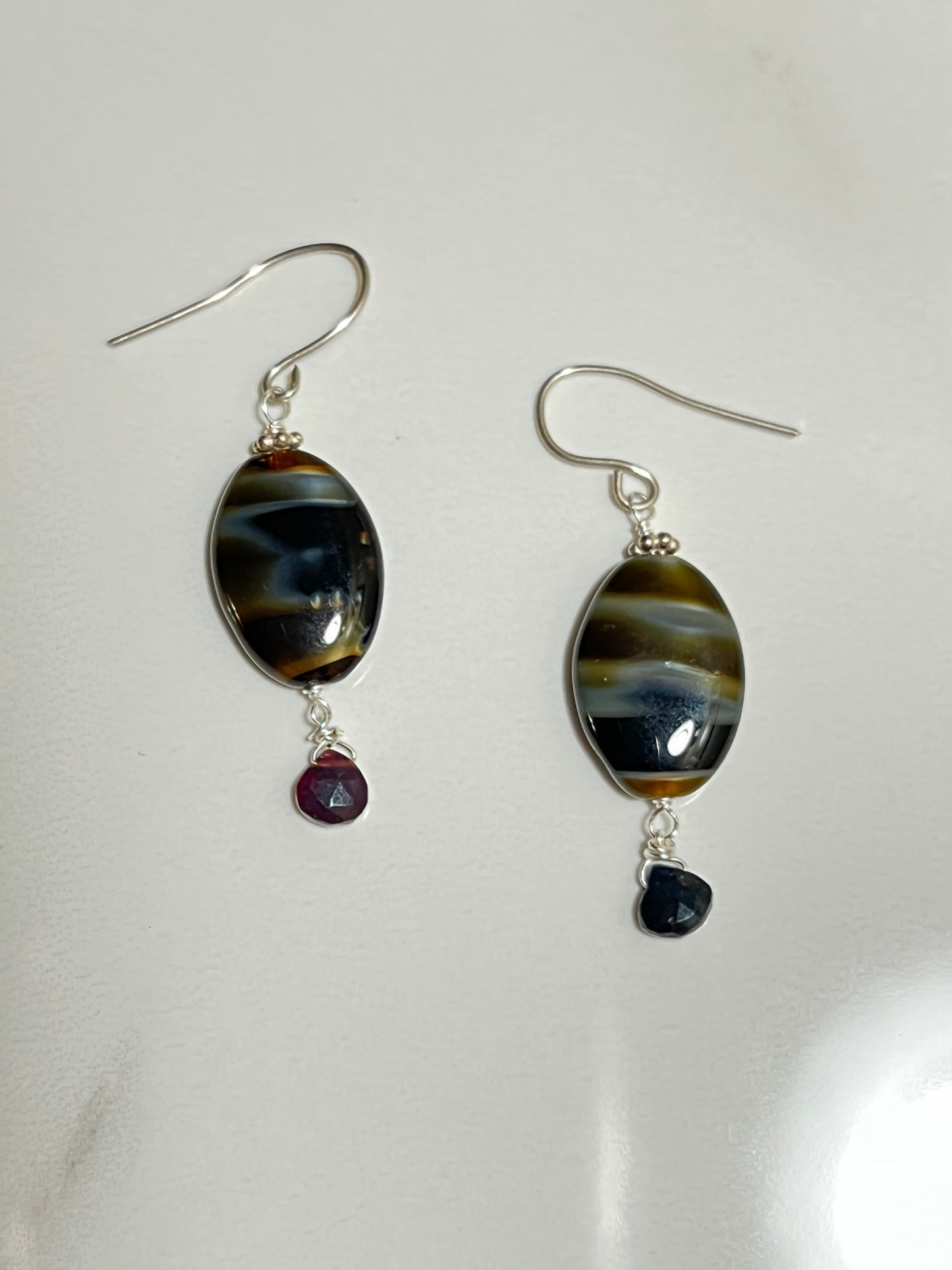 Pietersite Sterling earrings with Black Opal drops