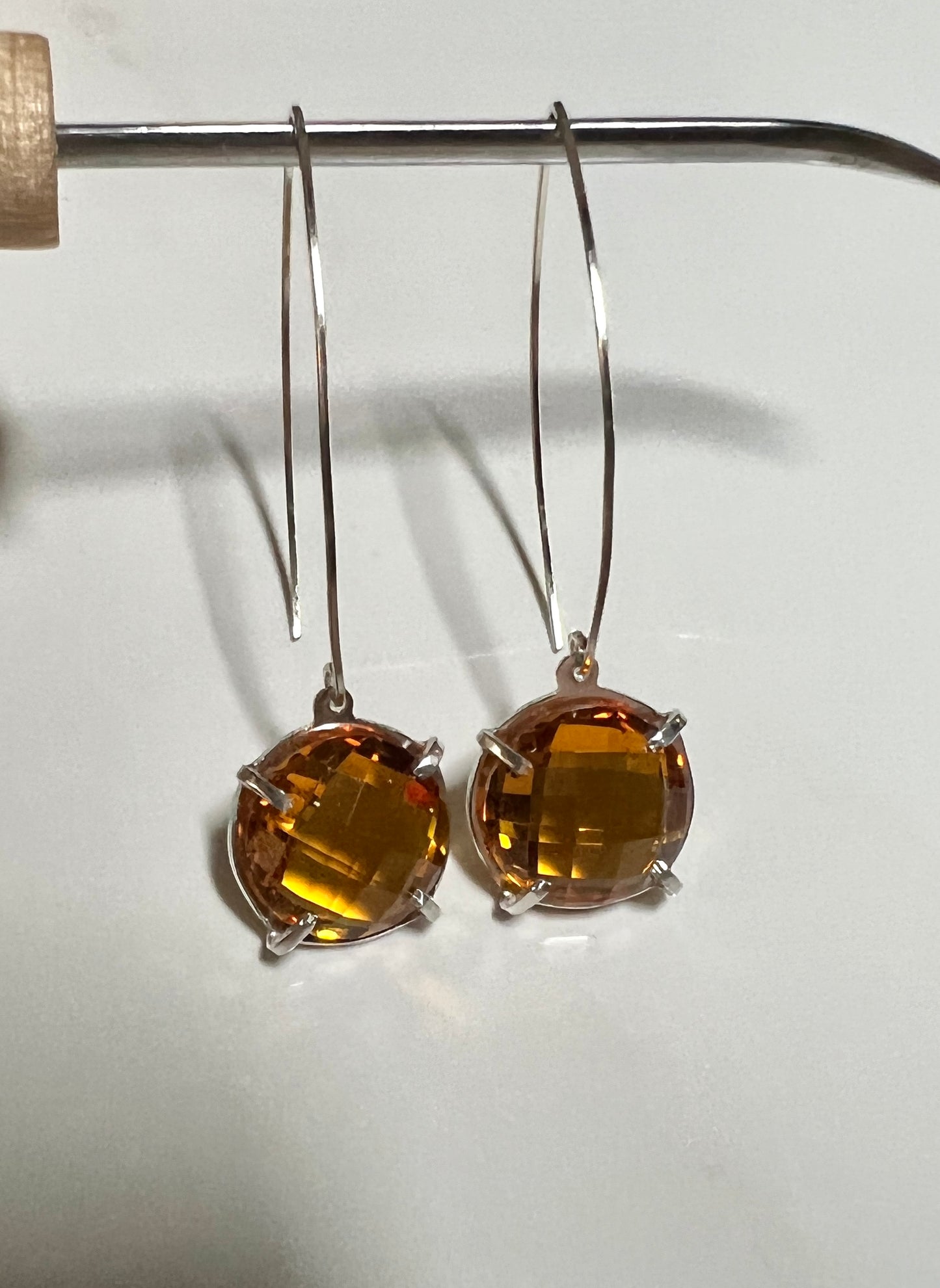 Fancy Citrine checkerboard cut button Sterling earrings