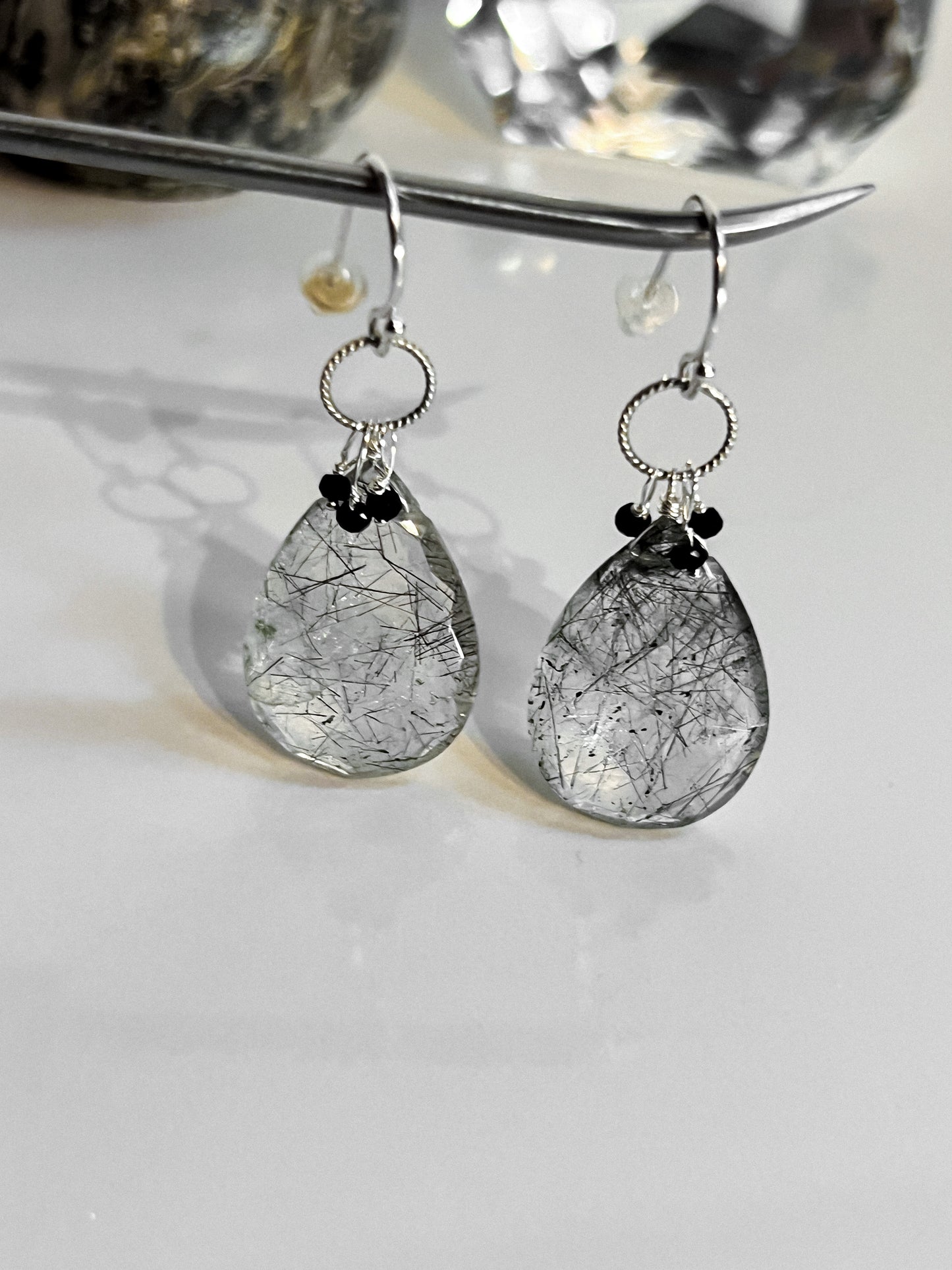 Rutile Quartz & black Spinel sterling earrings