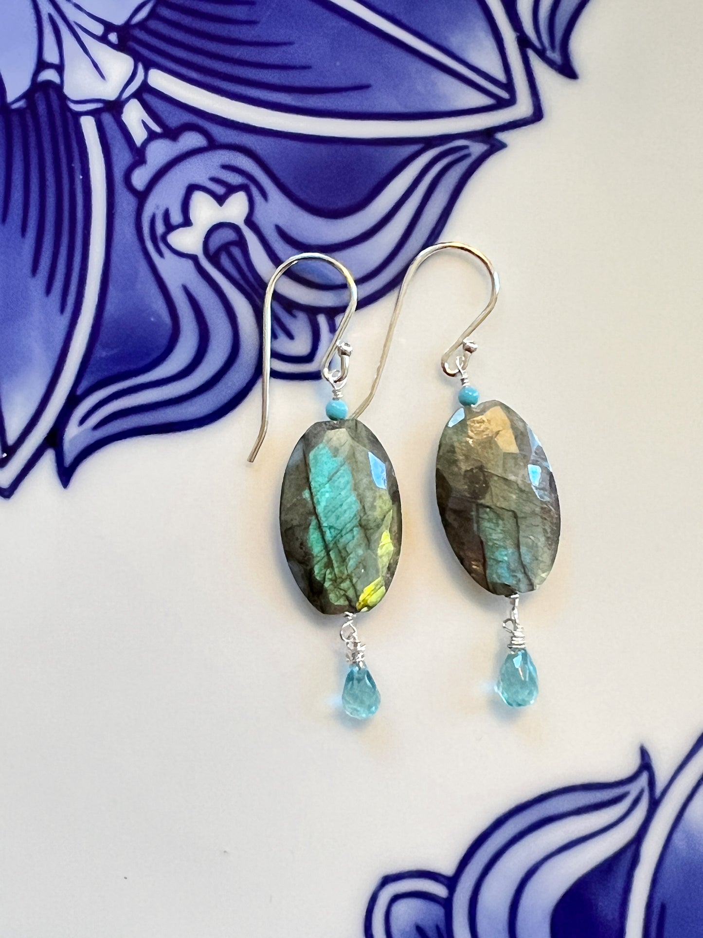 Fancy cut checkerboard Labradorite, Sleeping beauty Turquoise and Apatite Sterling earrings