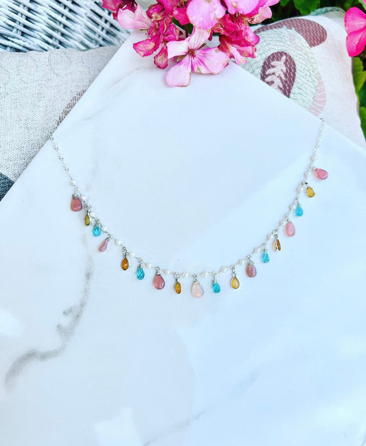 Pink & Yellow Opal, Apatite and Pearl Sterling necklace