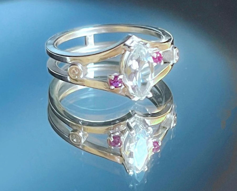 Aquamarine, Ruby and White Sapphire Sterling Silver ring