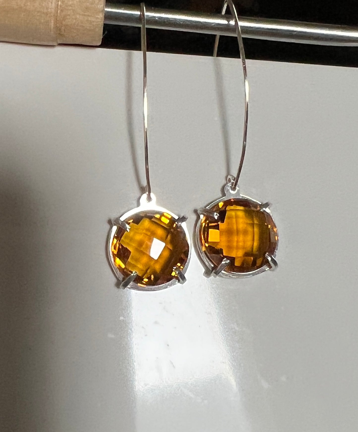 Fancy Citrine checkerboard cut button Sterling earrings