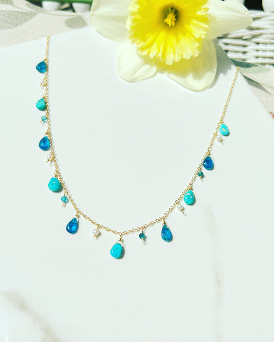 Apatite, Turquoise and Pearl multi gem necklace in gold
