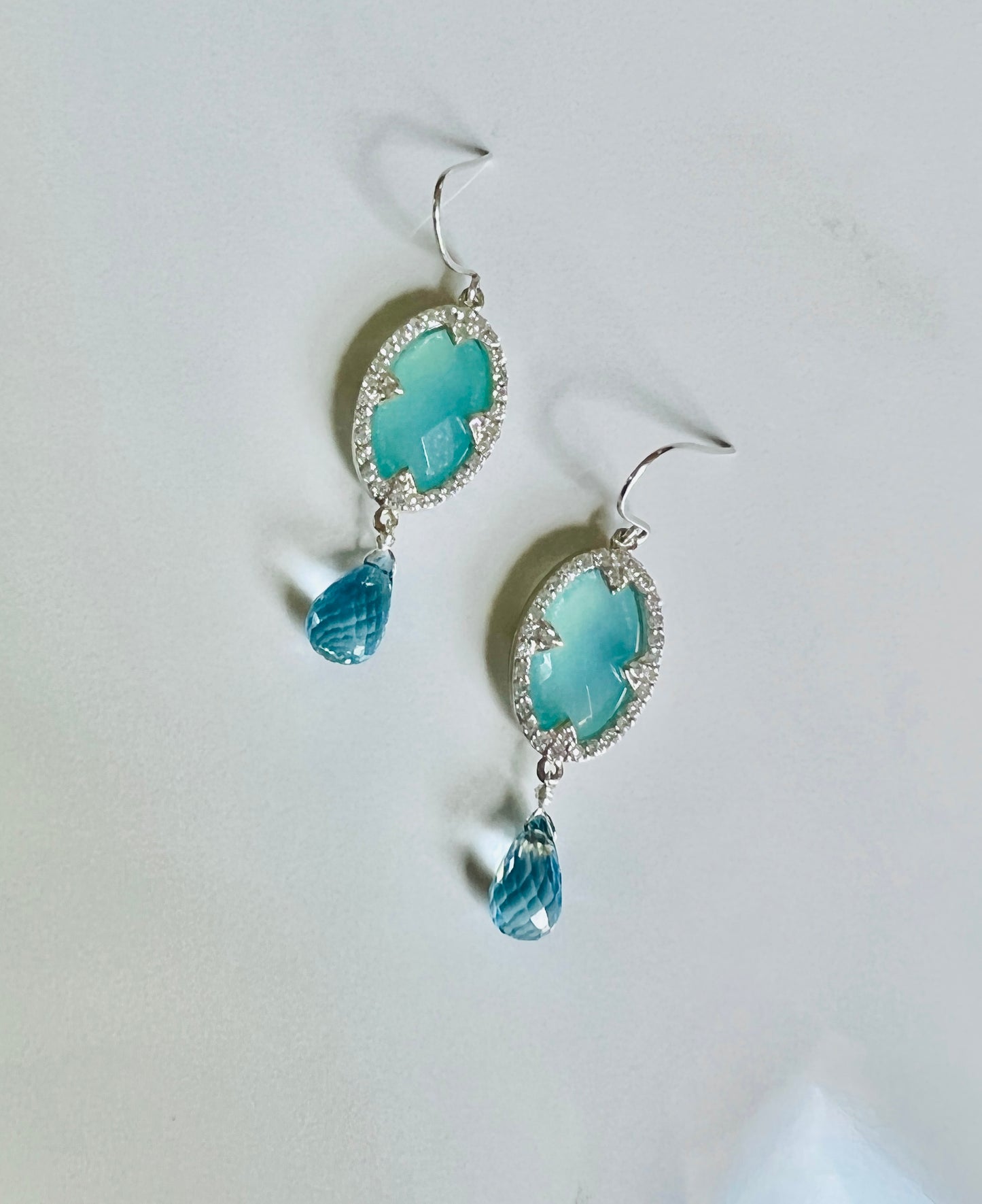 Blue Chalcedony, CZ and Swiss Blue Topaz Sterling earrings