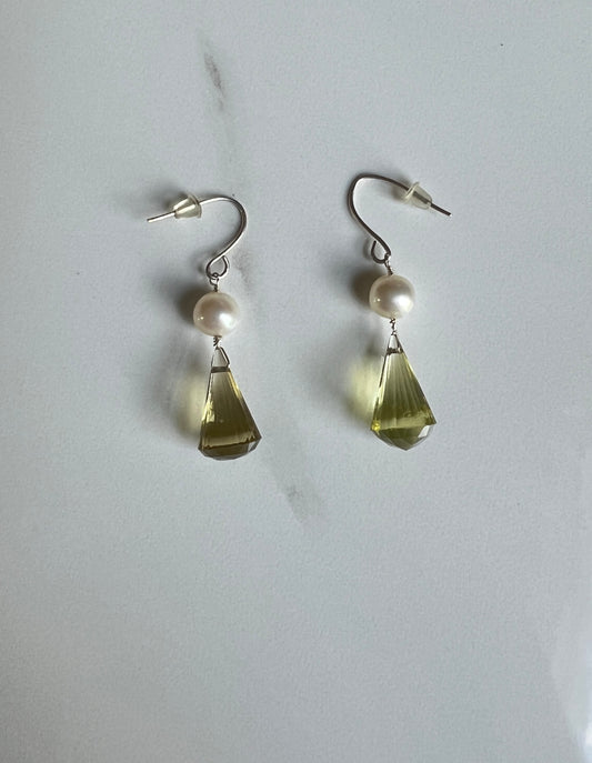 Cream Pearl and fancy-cut Citrine briolette drop Sterling earrings