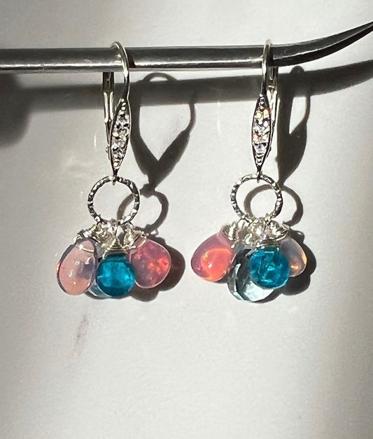 Pink Opal, Apatite and sky blue Topaz earrings