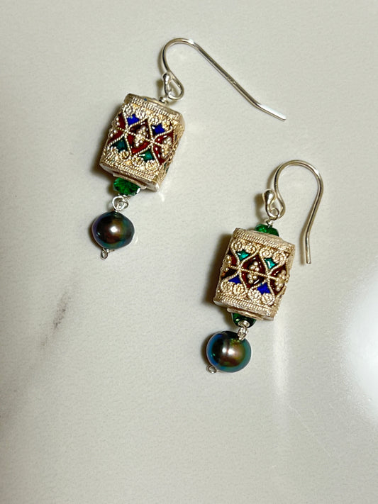 Sterling component earrings with Chrome Diopside and freshwater Pearl