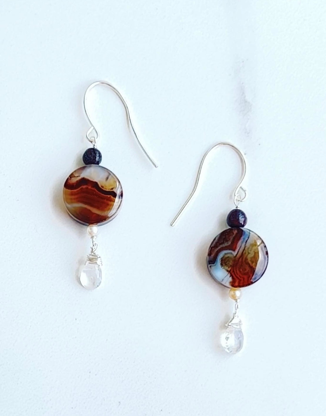 Sardonyx, Agate, Pearl and Moonstone drop Sterling earrings