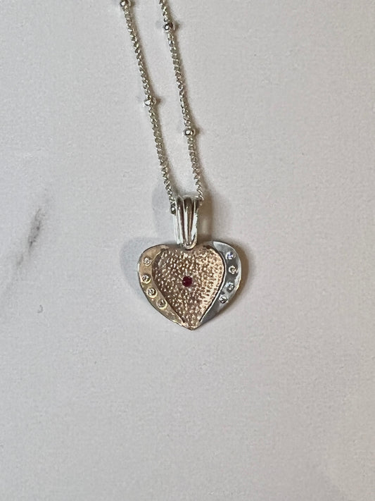 Heart 3D textured Sterling Ruby & Moissanite pendant