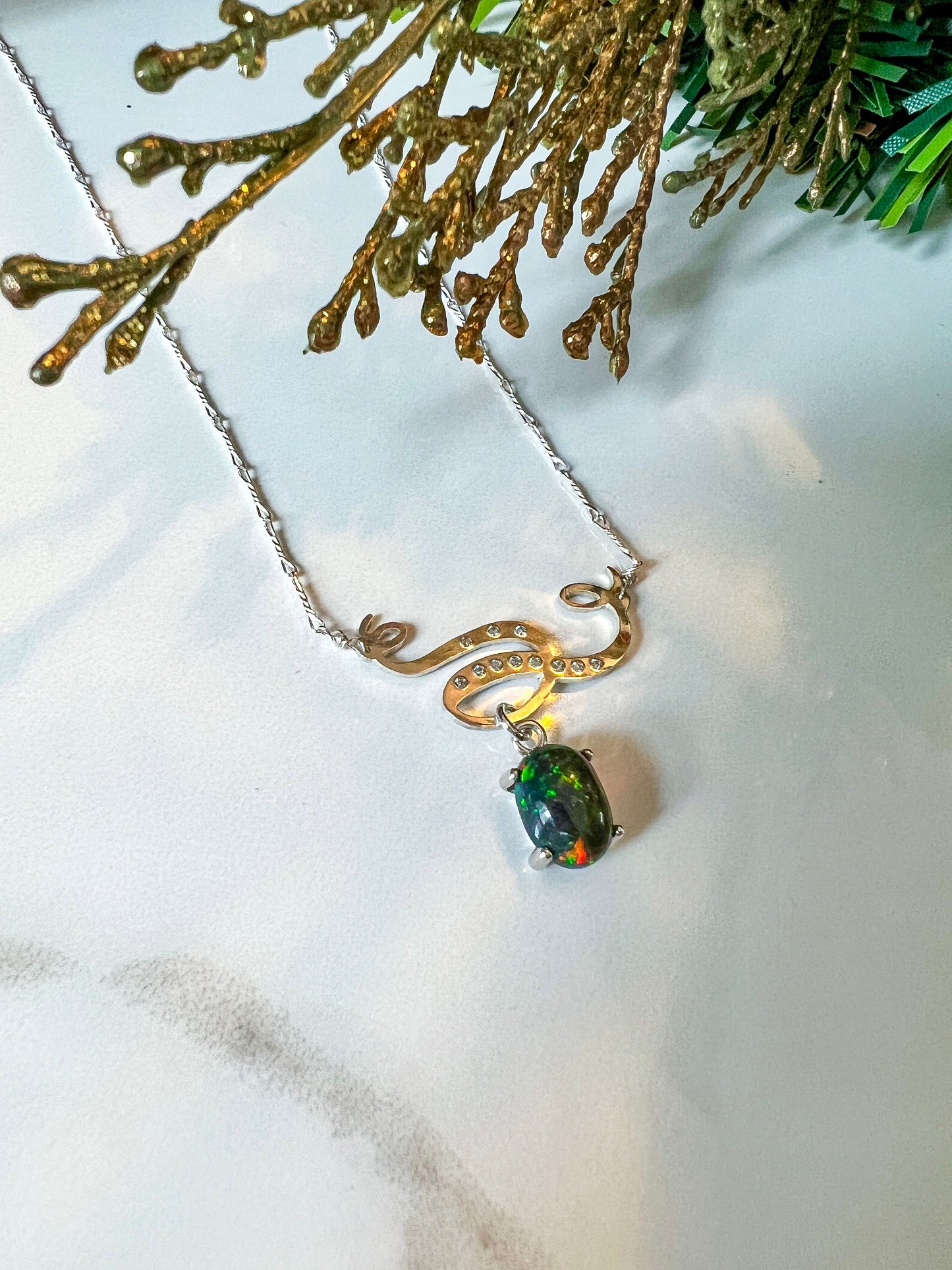 Hand-cut Ribbon, Moissanite & Black Opal necklace