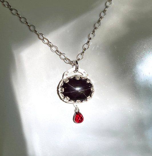Star Garnet with Moissanite and Garnet drop sterling necklace