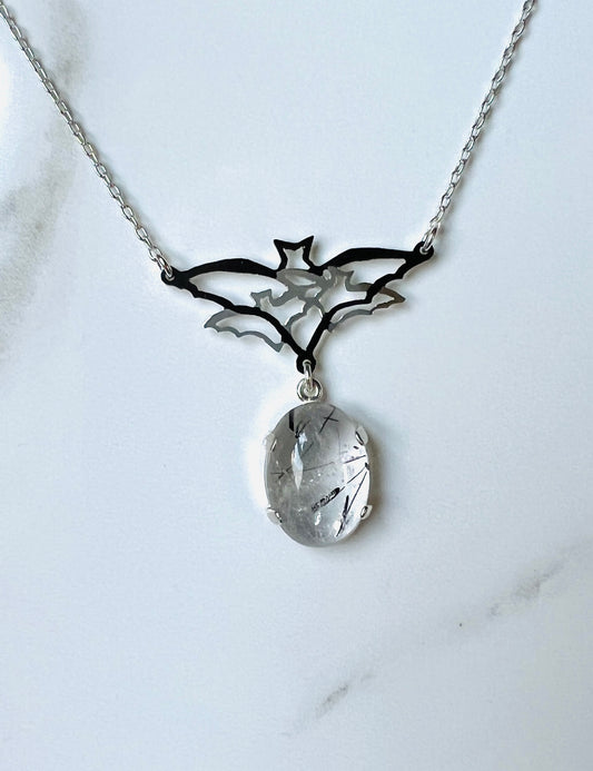 Bats, bats bats! Hand-cut sterling bat design with Rutile Quartz drop pendant