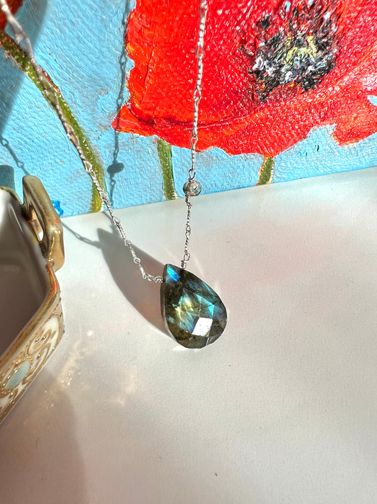Blue flash Labradorite & Crystal Sterling Pendant