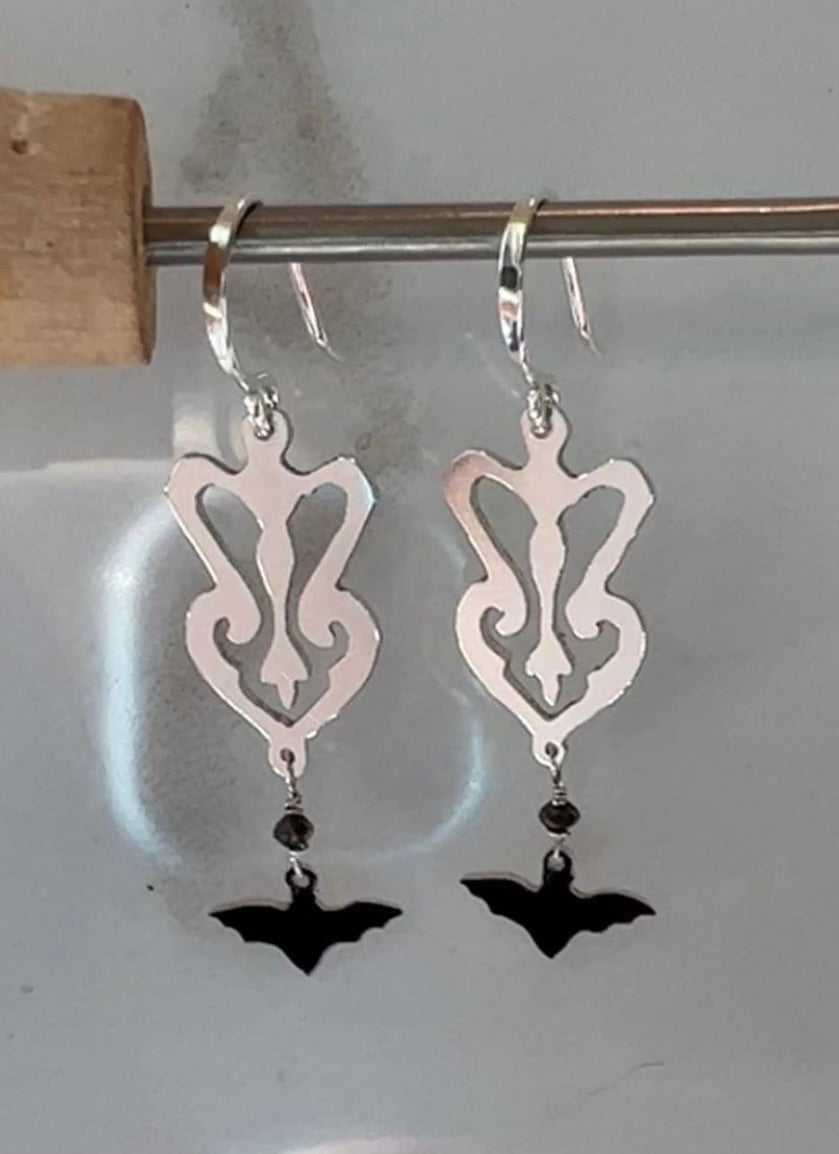 Hand-cut Gothic Black Diamond Sterling bat earrings