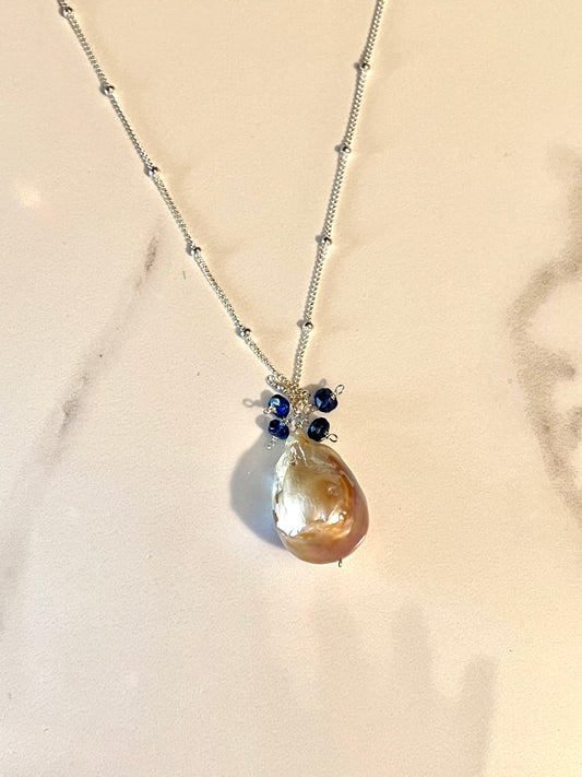 Large Baroque Blush Pearl & Sapphire pendant
