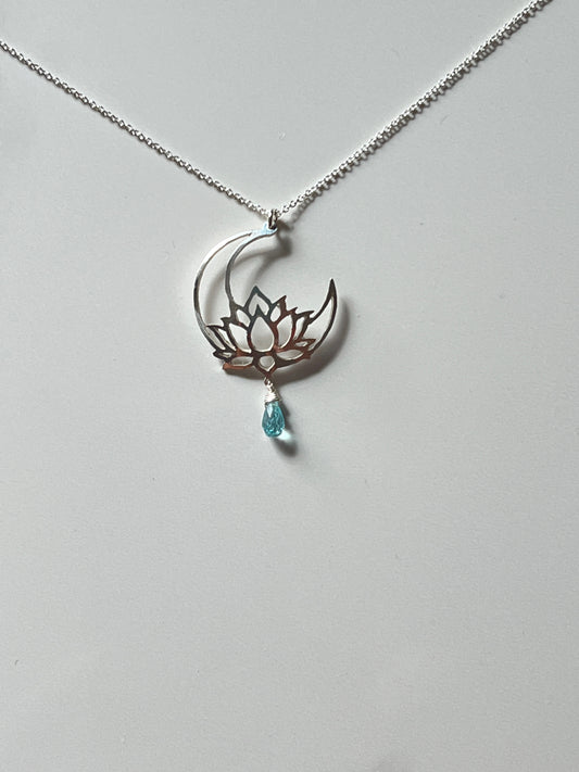 Lotus flower moon hand-cut sterling pendant with Apatite