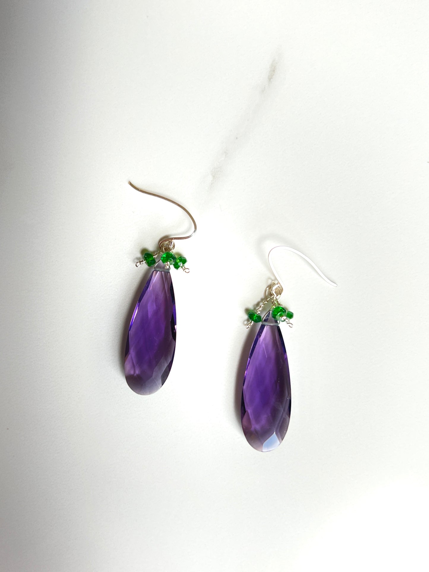 Green Chrome Diopside and purple Quartz dangle Sterling earrings