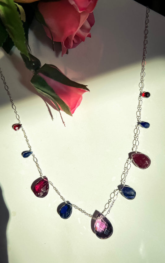Multi-gemstone necklace; Amethyst, Rodalite Garnet, Iolite, Sapphire drop necklace