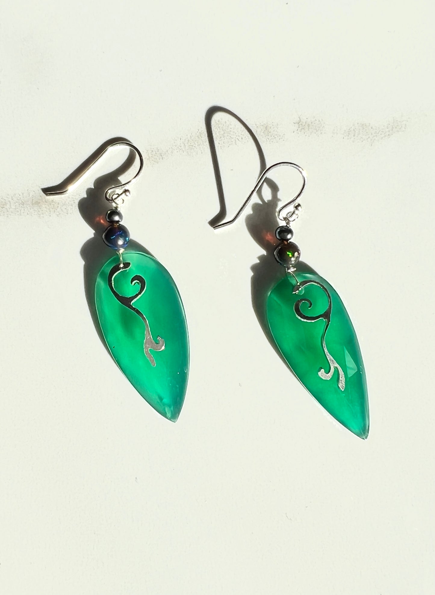 Fabulous Green Onyx, Back Opal hand-cut Sterling earrings