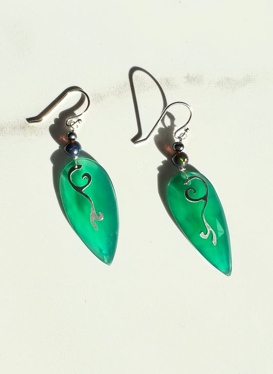 Fabulous Green Onyx, Back Opal hand-cut Sterling earrings