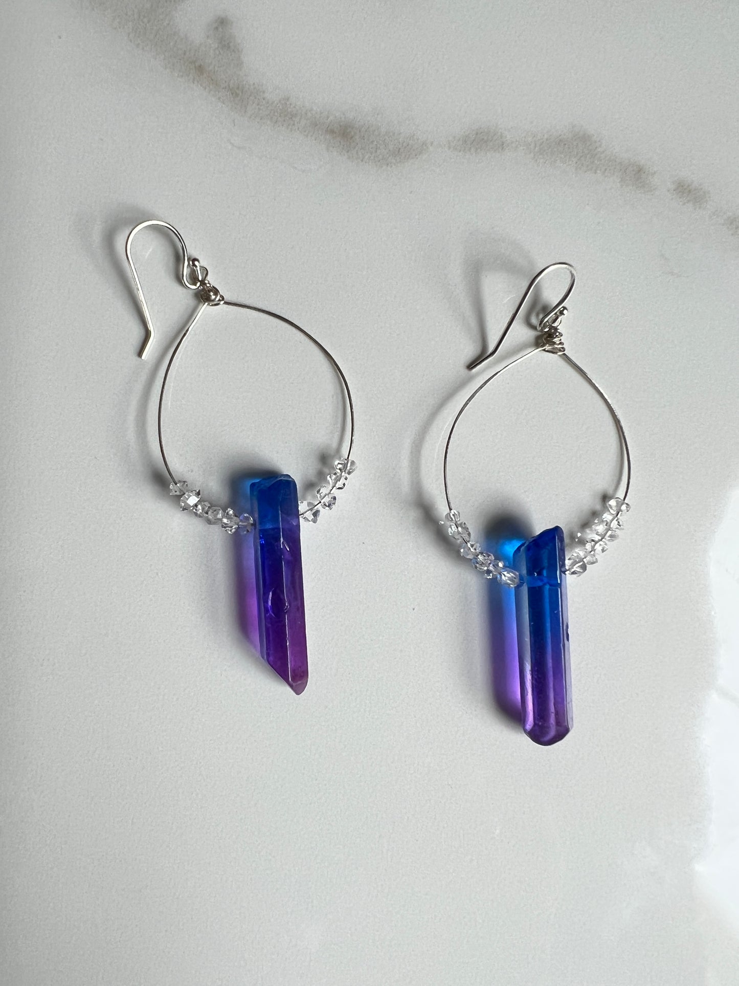 Titanium blue and purple raw Quartz and Herkimer Diamond Sterling earrings